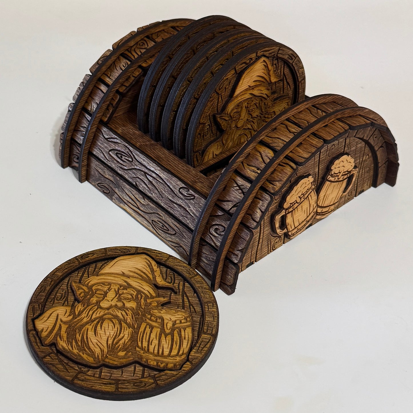 Rustic Dwarves Coasters with Barrel Coaster Stand