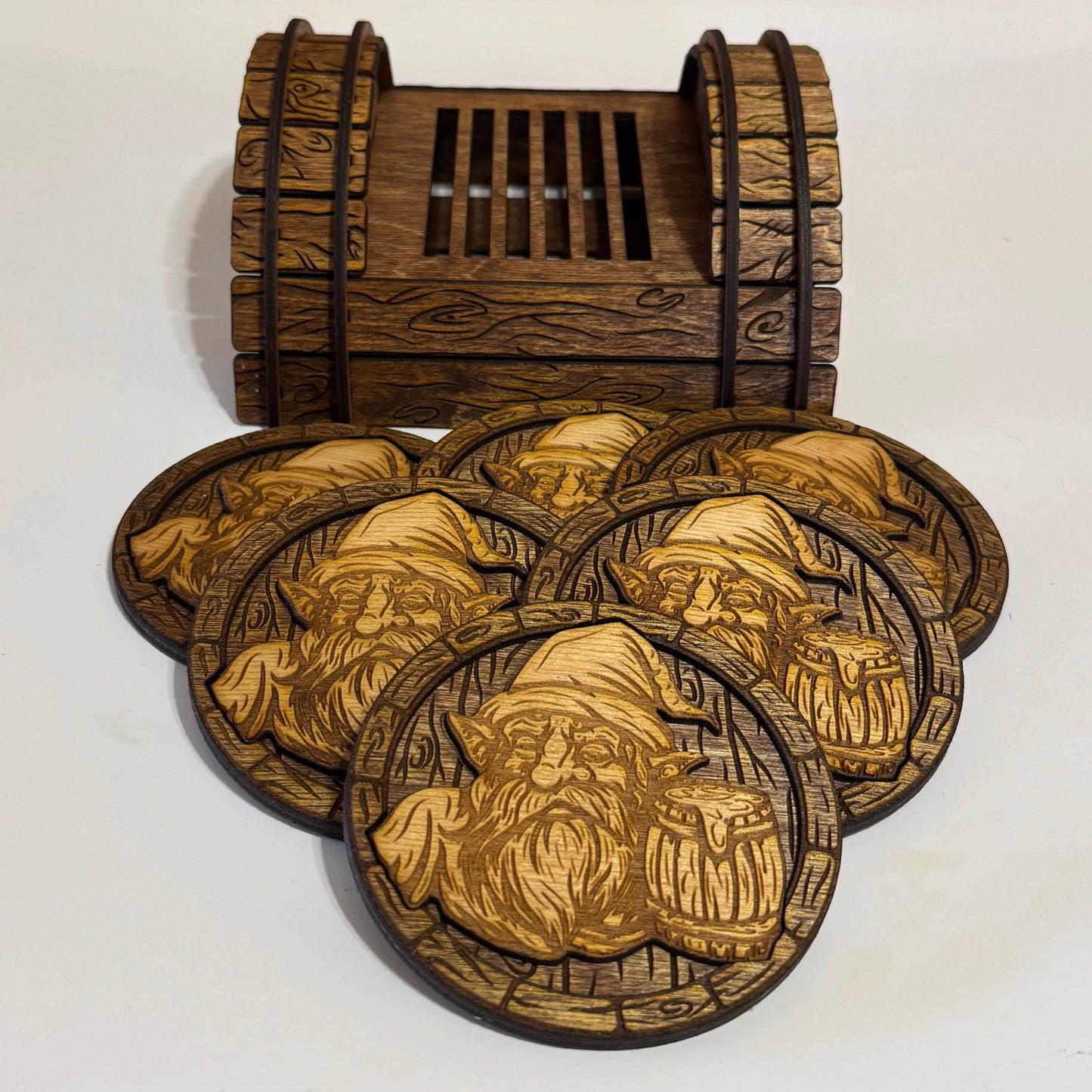 Rustic Dwarves Coasters with Barrel Coaster Stand